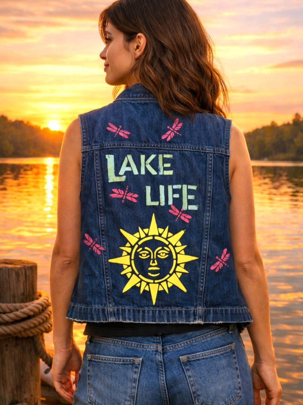 Upcycled Denim Vest, Lake Life Sleeveless Jean Jacket Lake Theme Medium